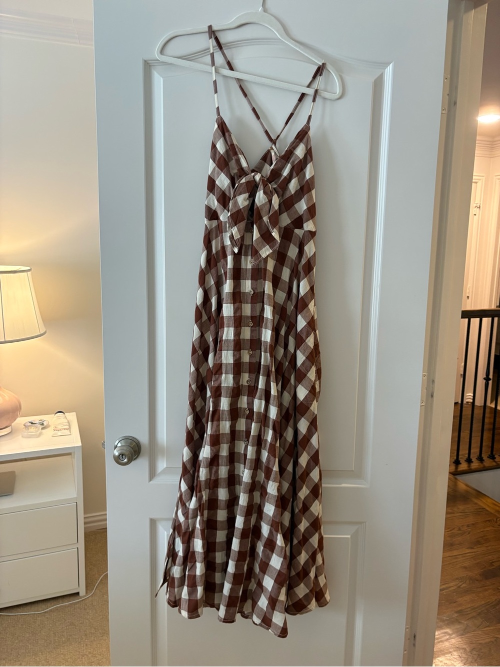 Worn once - Free People Brown and White Gingham Midi Tie-Front Dress - Picture 2 of 4